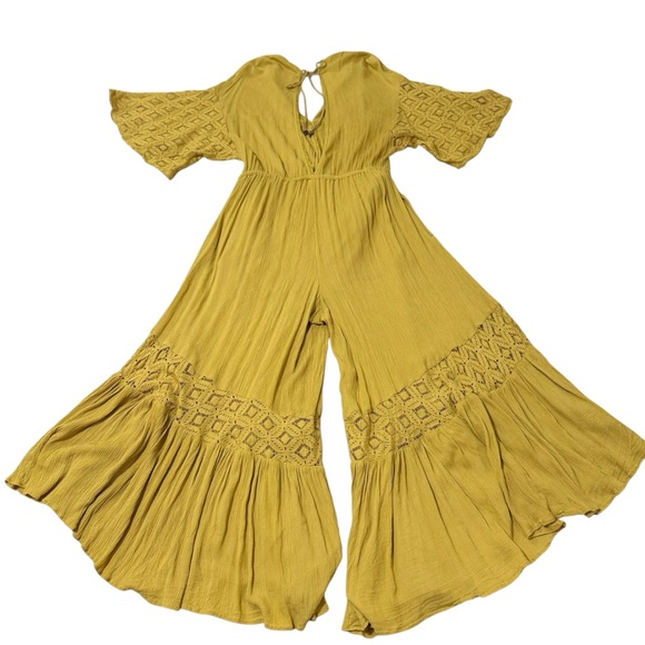Free People Angela Yellow Boho Jumpsuit with Bell and Lace Detail Size Medium - Picture 4 of 13